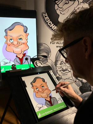 Messezeichner digital Karikaturist für Messe Firmenlogo Herr Fred